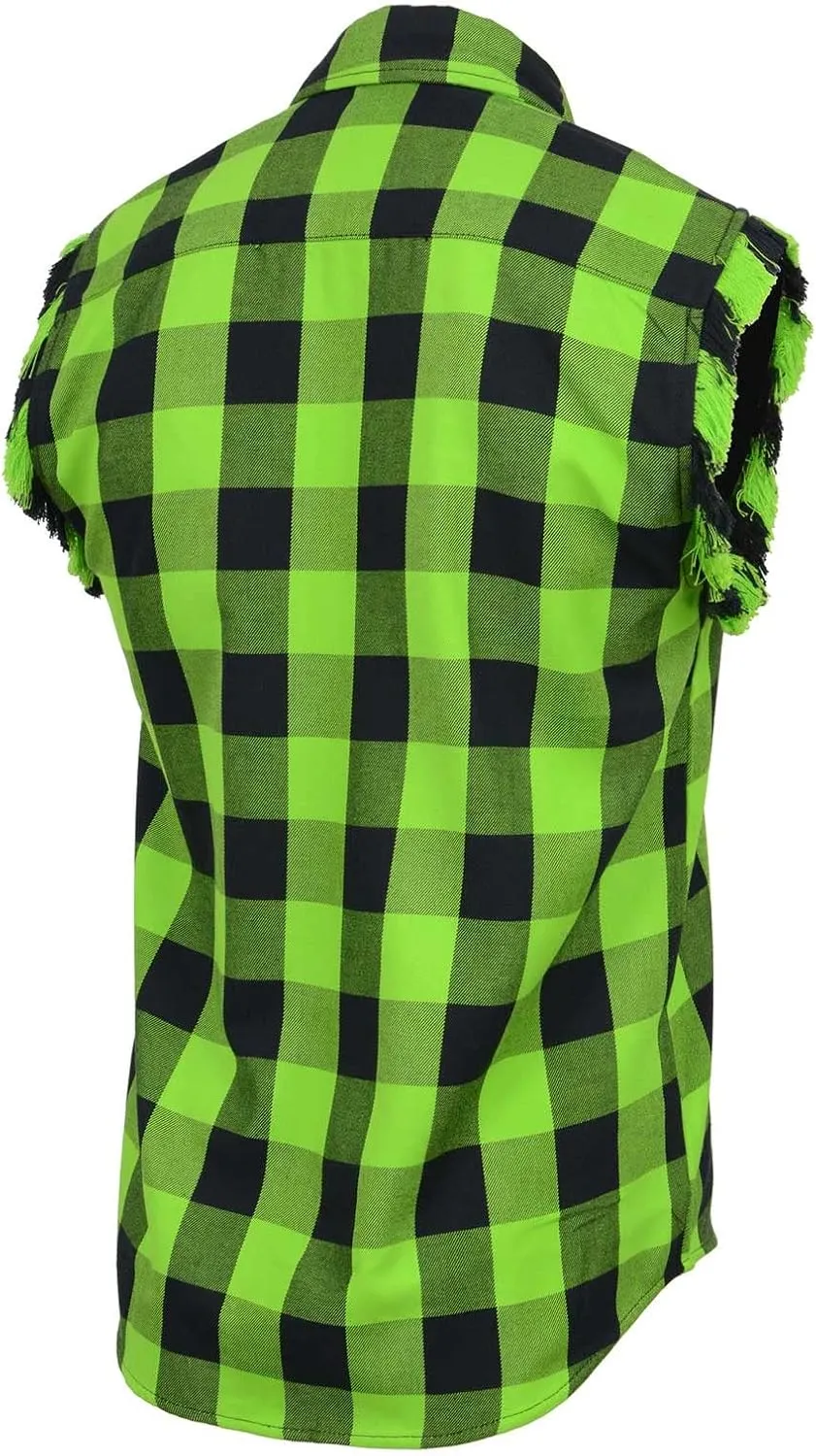 Milwaukee Leather MNG11691 Mens Classic Black and Green Button-Down Flannel Cut Off Frayed Sleeveless Casual Shirt