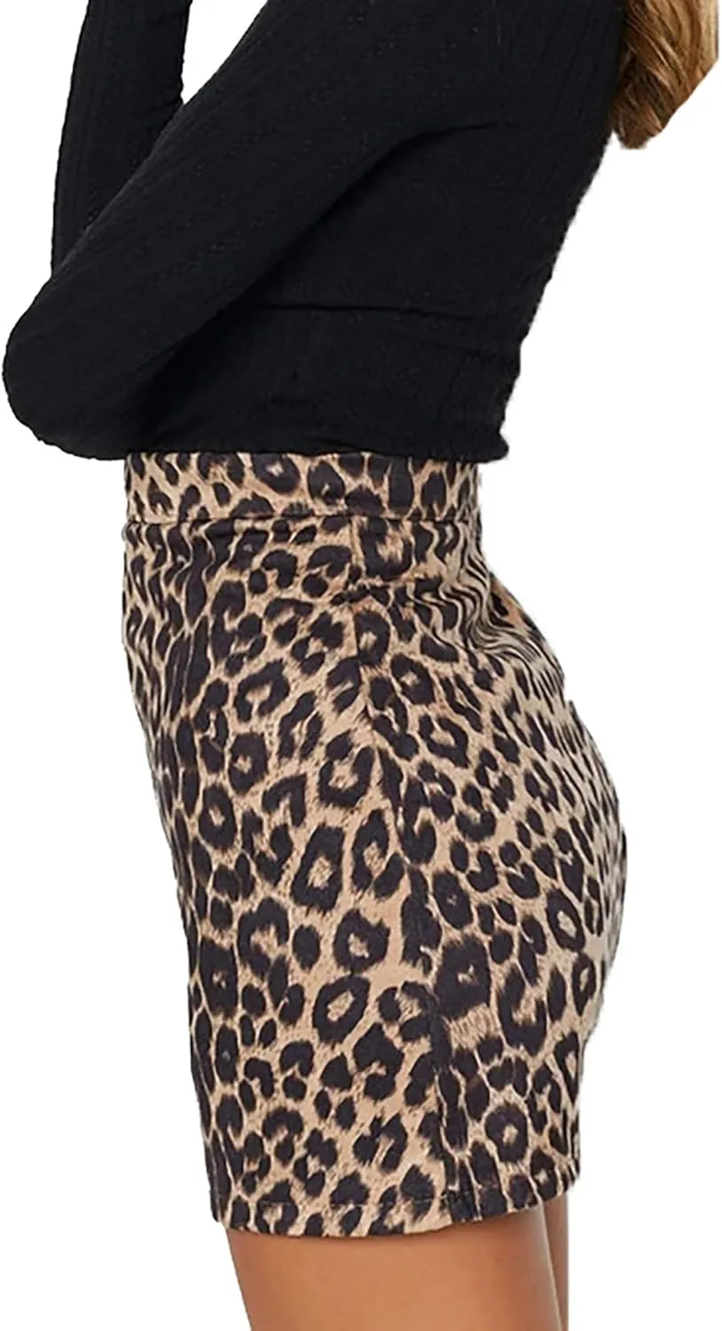 Mingnos Womens Faux Suede Leopard Print High Waisted Bodycon A-Line Mini Short Skirts