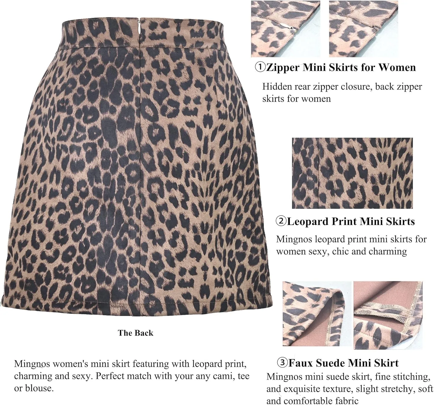 Mingnos Womens Faux Suede Leopard Print High Waisted Bodycon A-Line Mini Short Skirts
