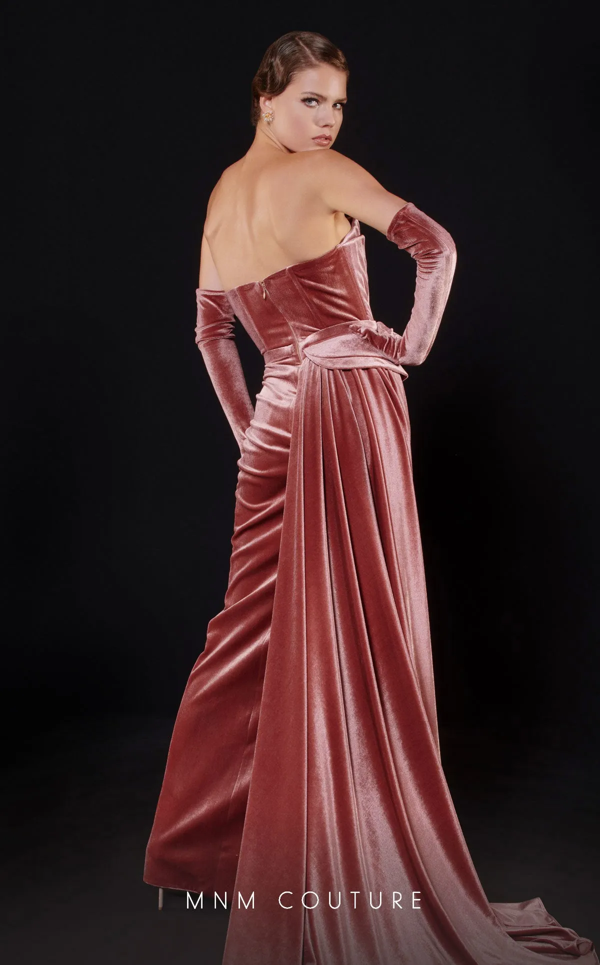 MNM Couture N0515 : Radiant Drama in a Strapless Velvet Evening Gown.