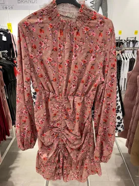 Mocha Floral Print Elastic Round Neck Full Sleeve Ruched Dress