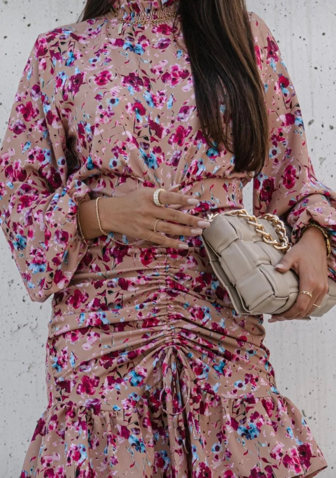 Mocha Floral Print Elastic Round Neck Full Sleeve Ruched Dress