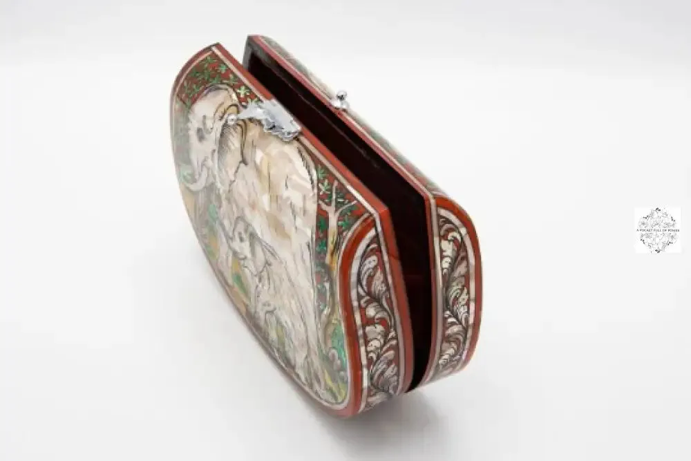Mother of Pearl Clutch | Elephant, Mom and Baby Elephant Patterned, Animal Design Lacquered Evening Bag, Inlay Handbag with Velvet Lining