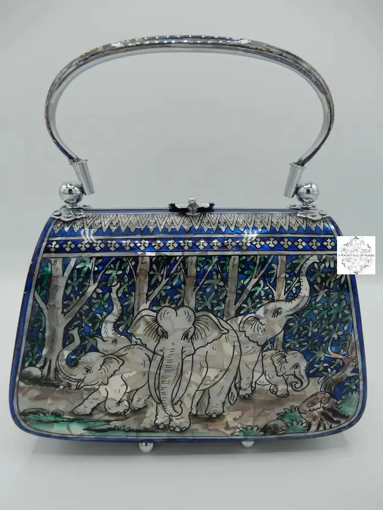 Mother of Pearl Handbag - Blue and Pearl, Elephant Family Design Lacquered Evening Bag, Inlay Handbag with handle, Maroon Velvet Lining