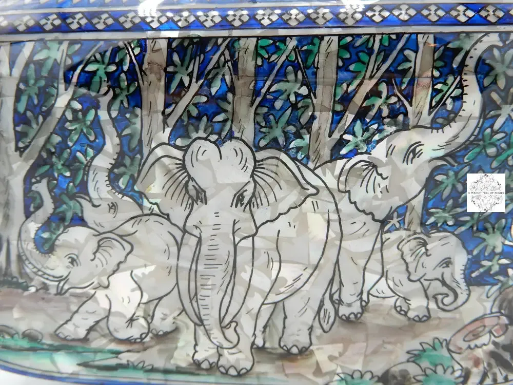 Mother of Pearl Handbag - Blue and Pearl, Elephant Family Design Lacquered Evening Bag, Inlay Handbag with handle, Maroon Velvet Lining