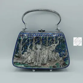 Mother of Pearl Handbag - Blue and Pearl, Elephant Family Design Lacquered Evening Bag, Inlay Handbag with handle, Maroon Velvet Lining