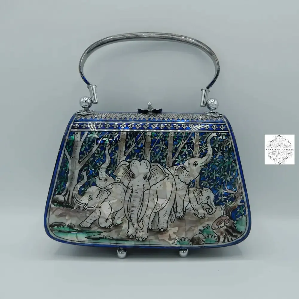 Mother of Pearl Handbag - Blue and Pearl, Elephant Family Design Lacquered Evening Bag, Inlay Handbag with handle, Maroon Velvet Lining