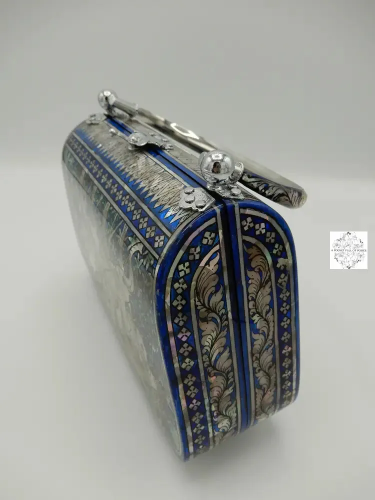 Mother of Pearl Handbag - Blue and Pearl, Elephant Family Design Lacquered Evening Bag, Inlay Handbag with handle, Maroon Velvet Lining
