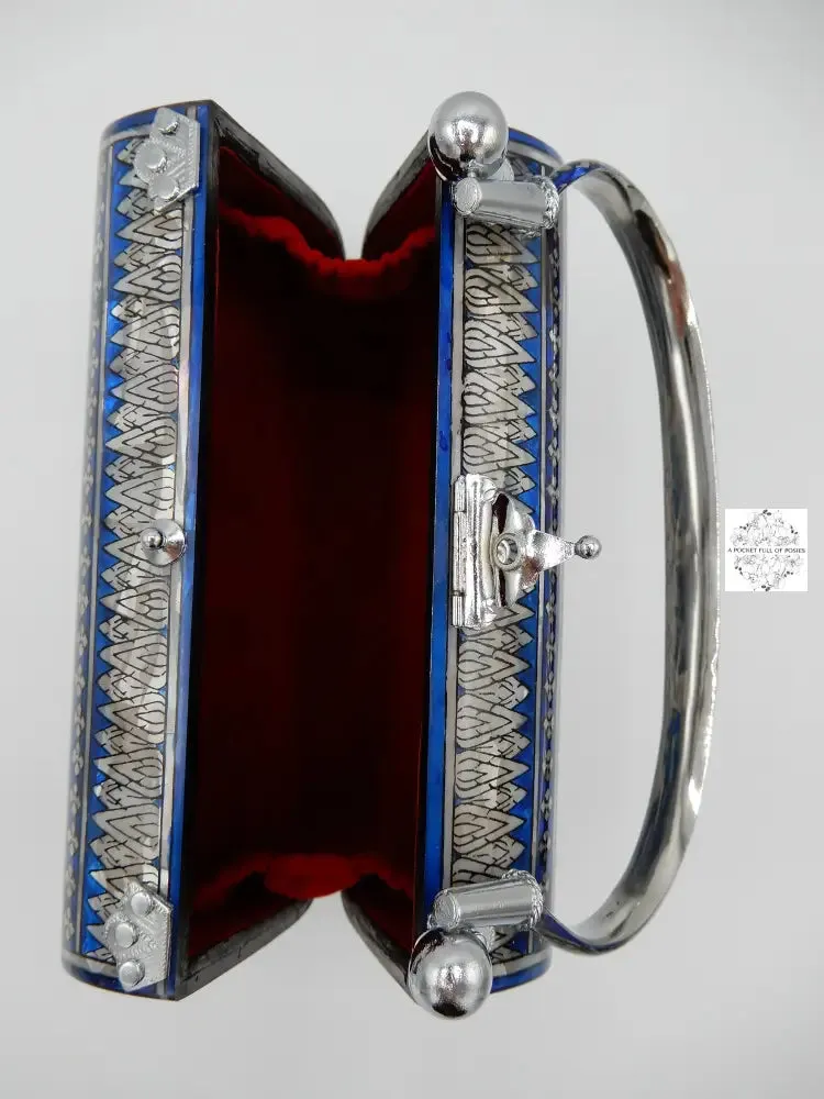 Mother of Pearl Handbag - Blue and Pearl, Elephant Family Design Lacquered Evening Bag, Inlay Handbag with handle, Maroon Velvet Lining