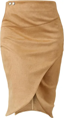 Pencil Skirt for Women with Slit Tummy Control High Waist Wrap Suede Skirt Office Work Skirt with Pocket
