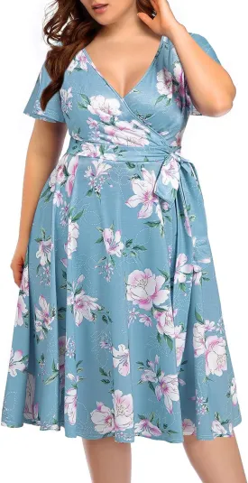 Pinup Fashion Women Plus Size Dresses Wedding Guest - Semi Formal Cocktail Wrap Empire Waist Midi Dress