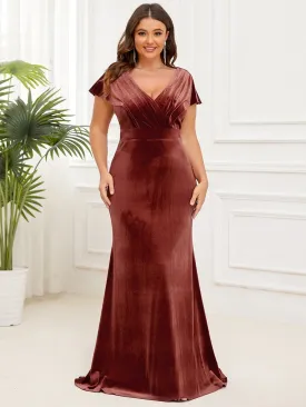 Plus Size Velvet Pleated V-Neck Cap Sleeve Column Floor-Length Evening Dress(Final Sale)