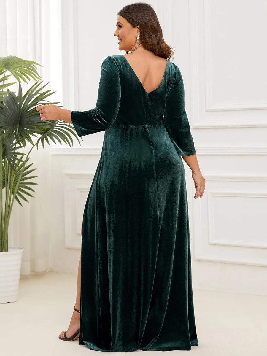 Plus Size Velvet Plunging V-Neck 3/4 Sleeve A-Line Evening Dress with Slit(Final Sale)