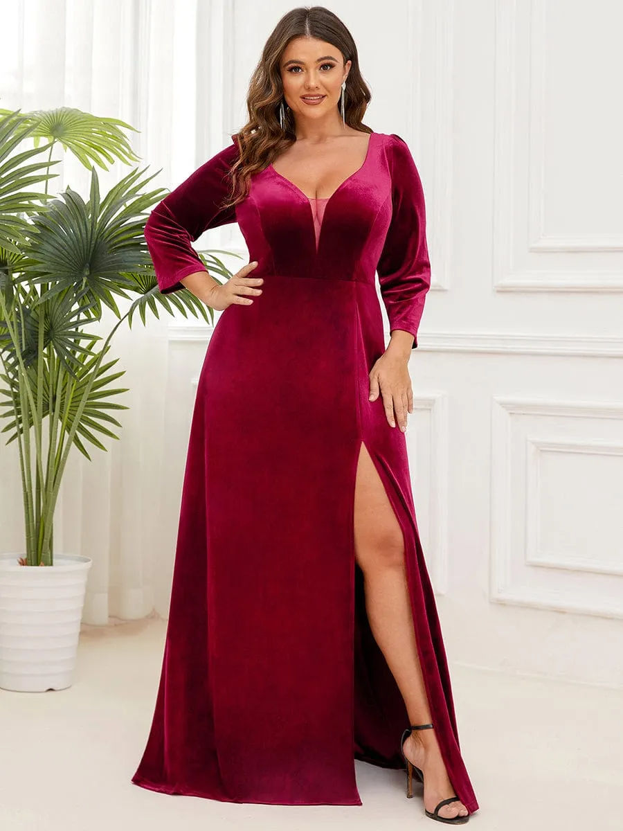 Plus Size Velvet Plunging V-Neck 3/4 Sleeve A-Line Evening Dress with Slit(Final Sale)