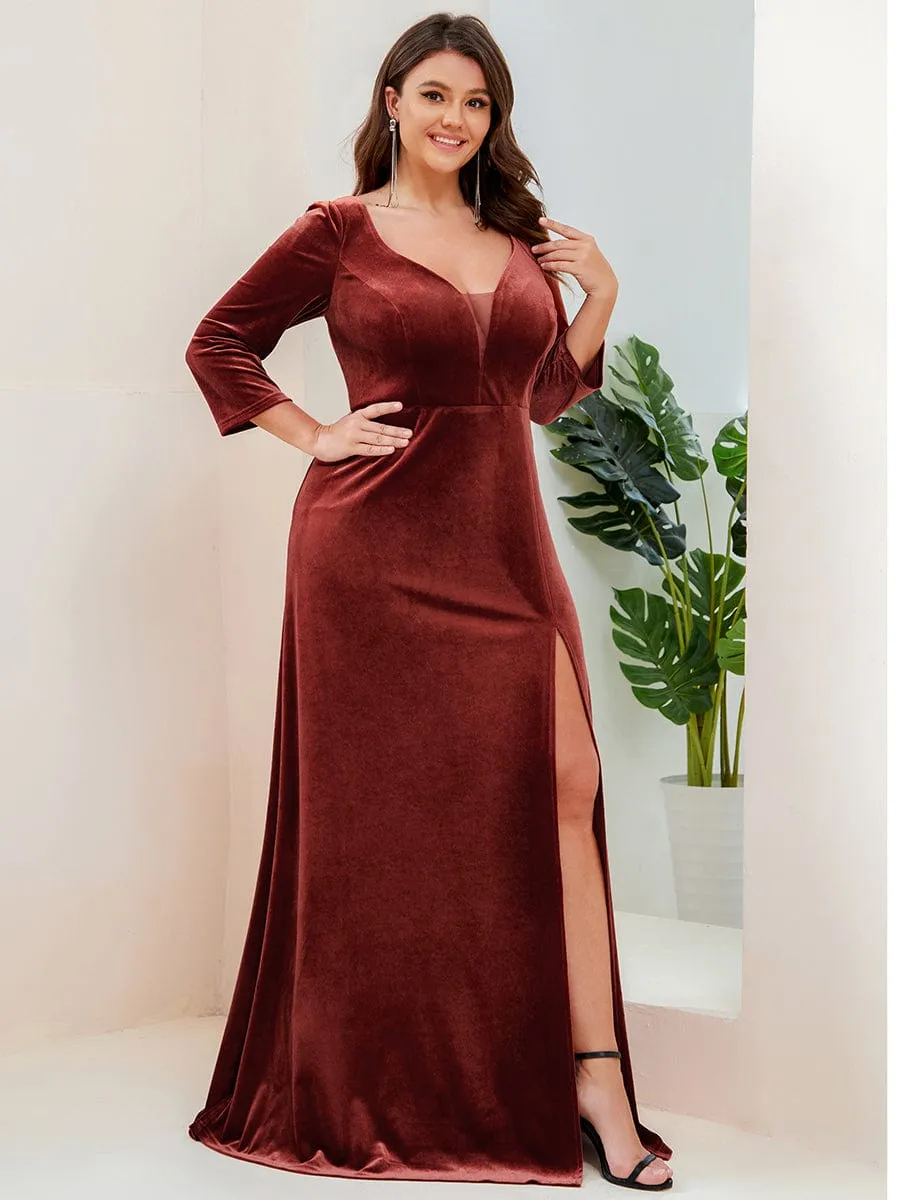 Plus Size Velvet Plunging V-Neck 3/4 Sleeve A-Line Evening Dress with Slit(Final Sale)