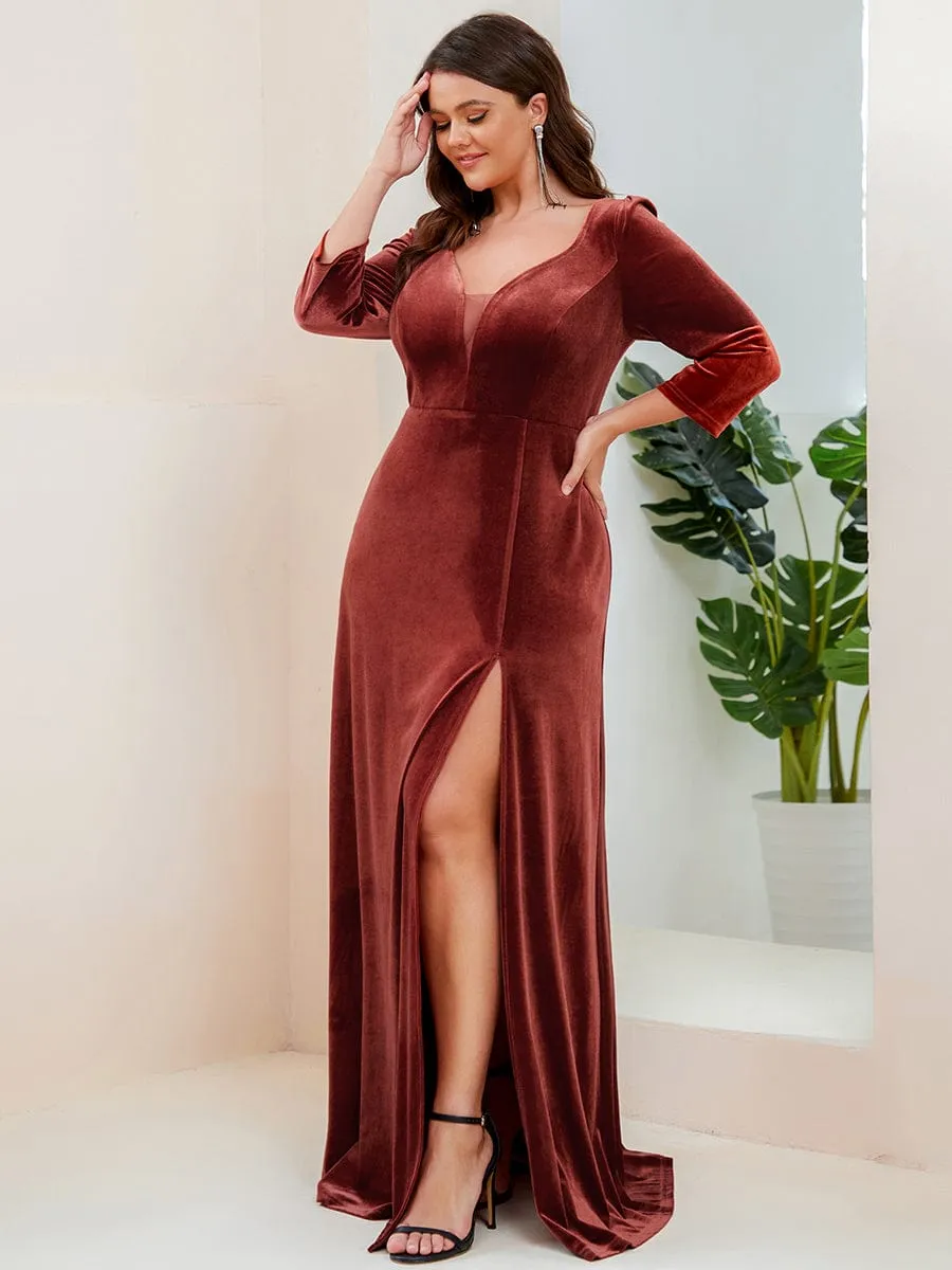 Plus Size Velvet Plunging V-Neck 3/4 Sleeve A-Line Evening Dress with Slit(Final Sale)