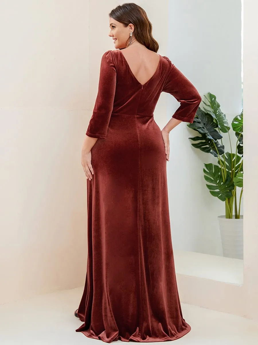 Plus Size Velvet Plunging V-Neck 3/4 Sleeve A-Line Evening Dress with Slit(Final Sale)