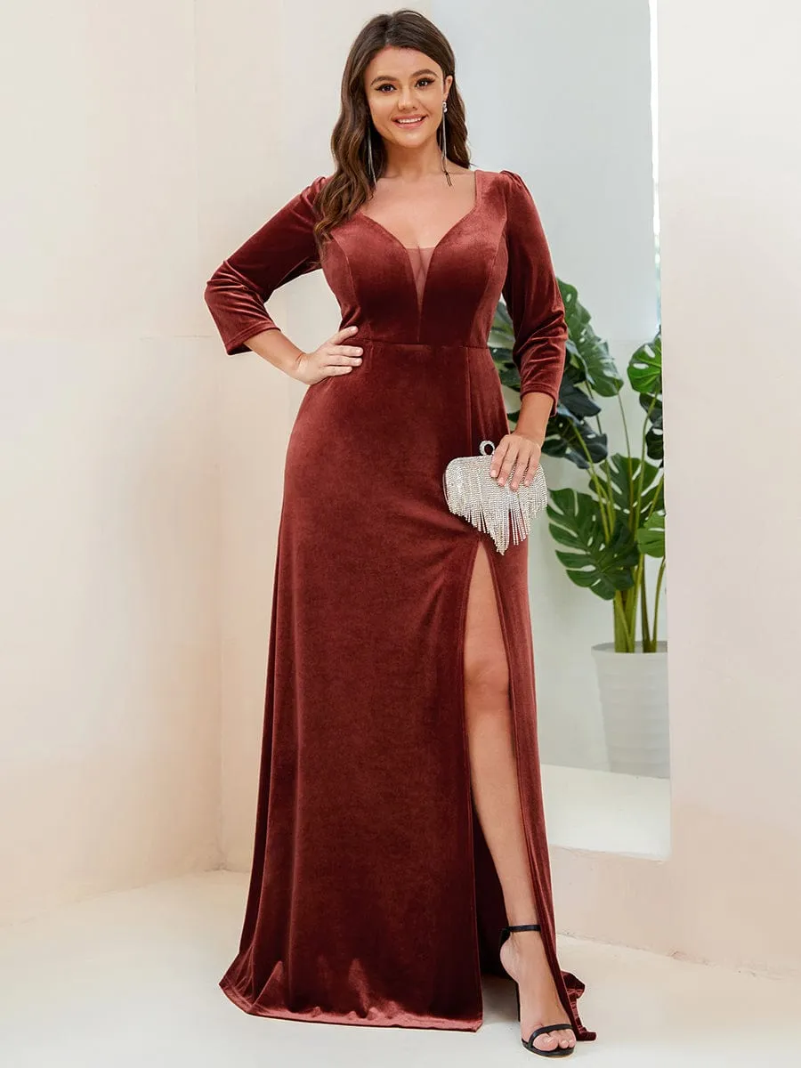 Plus Size Velvet Plunging V-Neck 3/4 Sleeve A-Line Evening Dress with Slit(Final Sale)