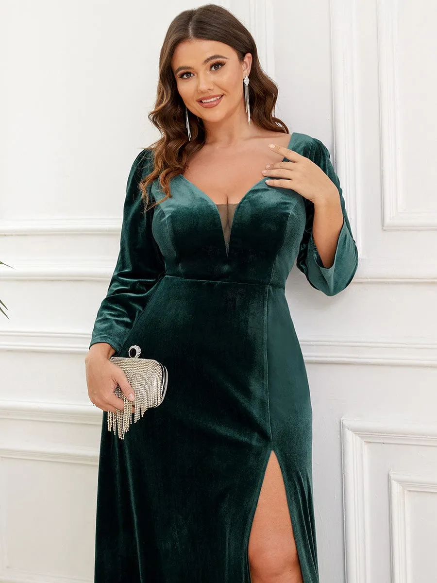Plus Size Velvet Plunging V-Neck 3/4 Sleeve A-Line Evening Dress with Slit(Final Sale)