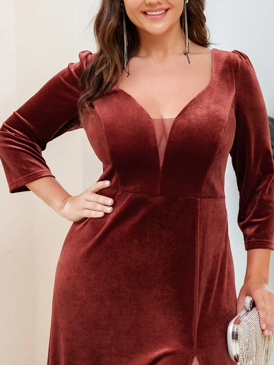 Plus Size Velvet Plunging V-Neck 3/4 Sleeve A-Line Evening Dress with Slit(Final Sale)