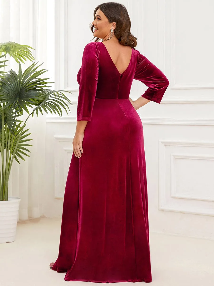 Plus Size Velvet Plunging V-Neck 3/4 Sleeve A-Line Evening Dress with Slit(Final Sale)