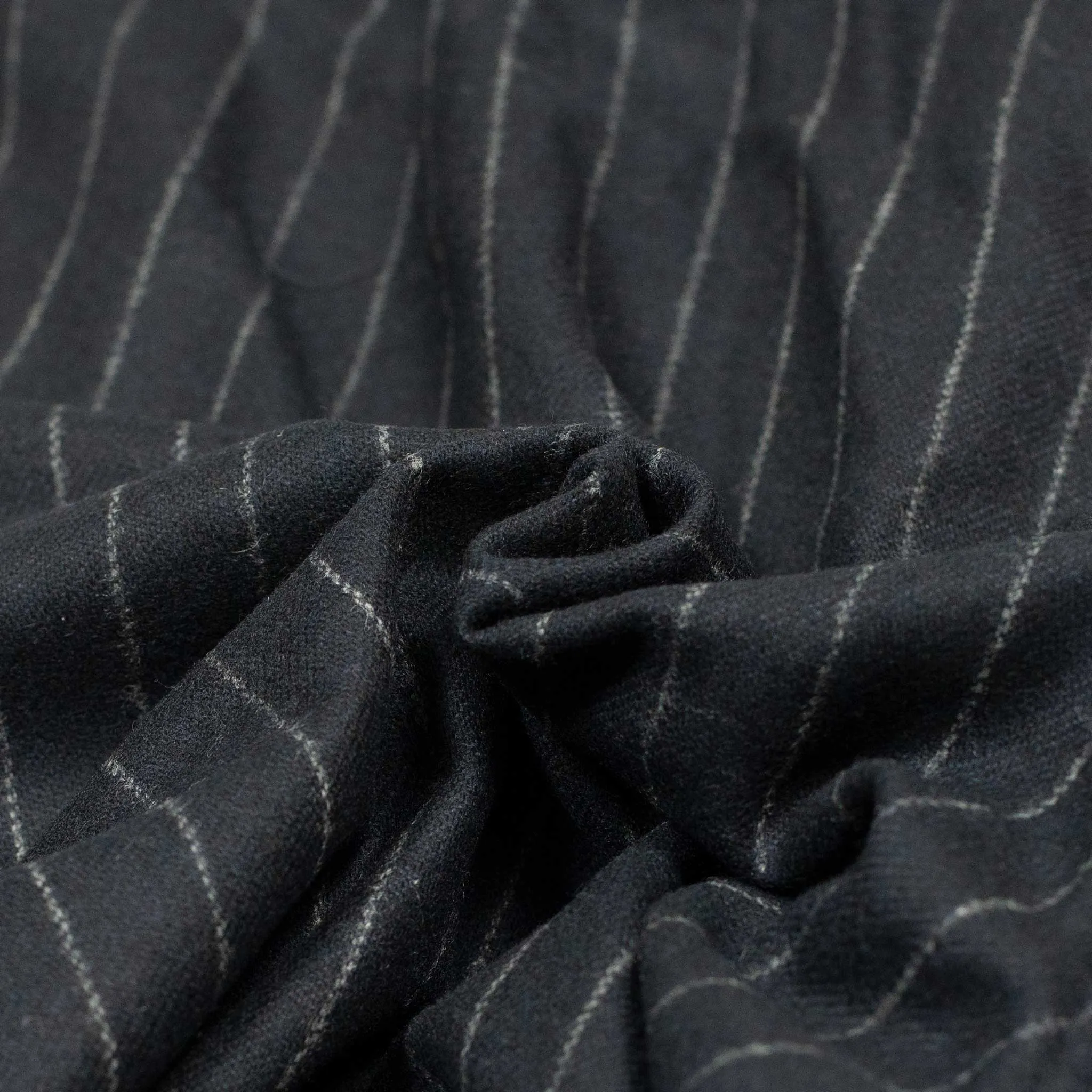 "Pat-a-Cake Pants" in navy chalk stripe wool and cashmere flannel