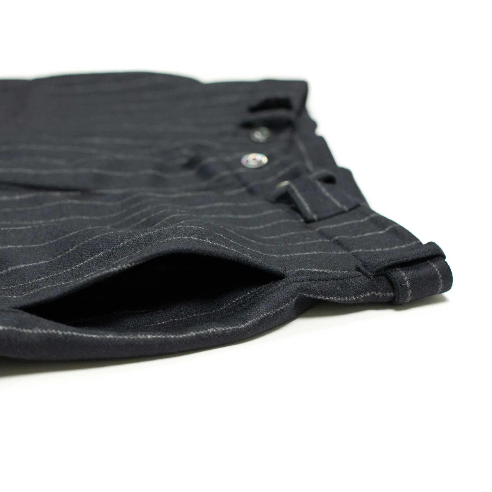 "Pat-a-Cake Pants" in navy chalk stripe wool and cashmere flannel