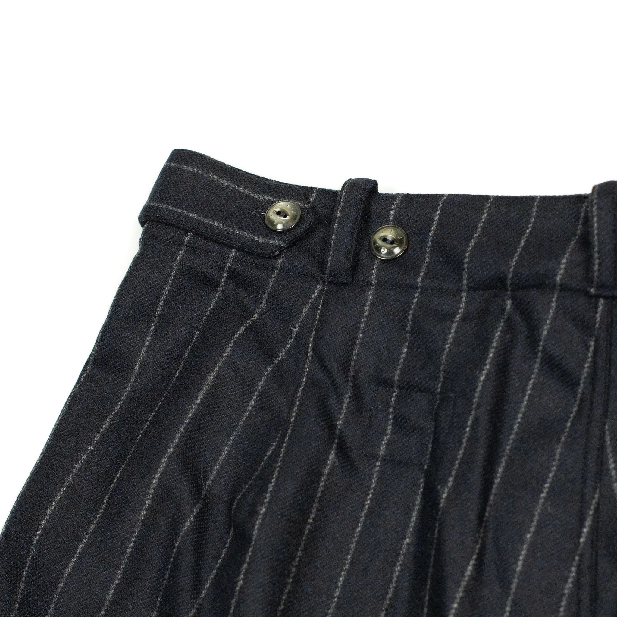 "Pat-a-Cake Pants" in navy chalk stripe wool and cashmere flannel