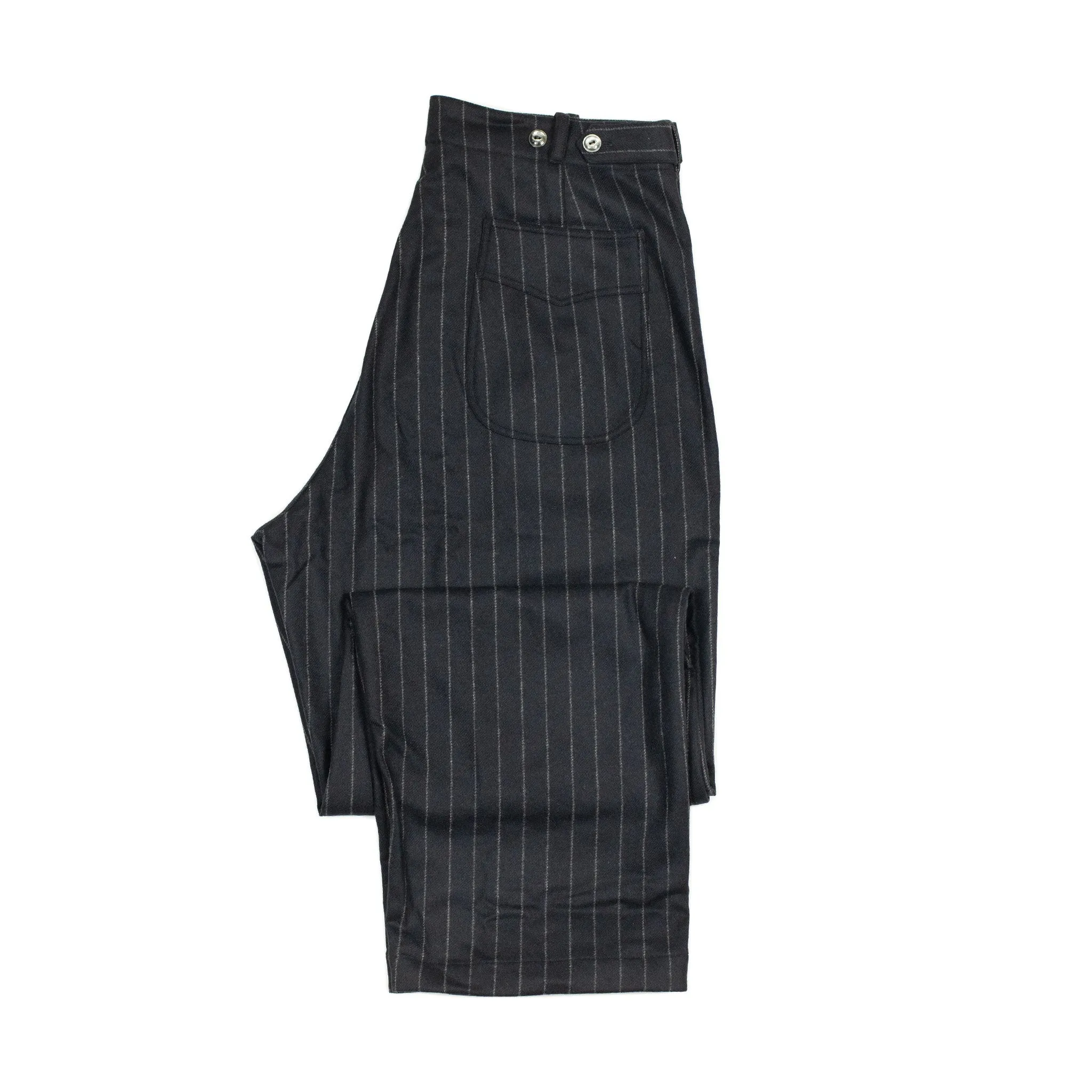 "Pat-a-Cake Pants" in navy chalk stripe wool and cashmere flannel
