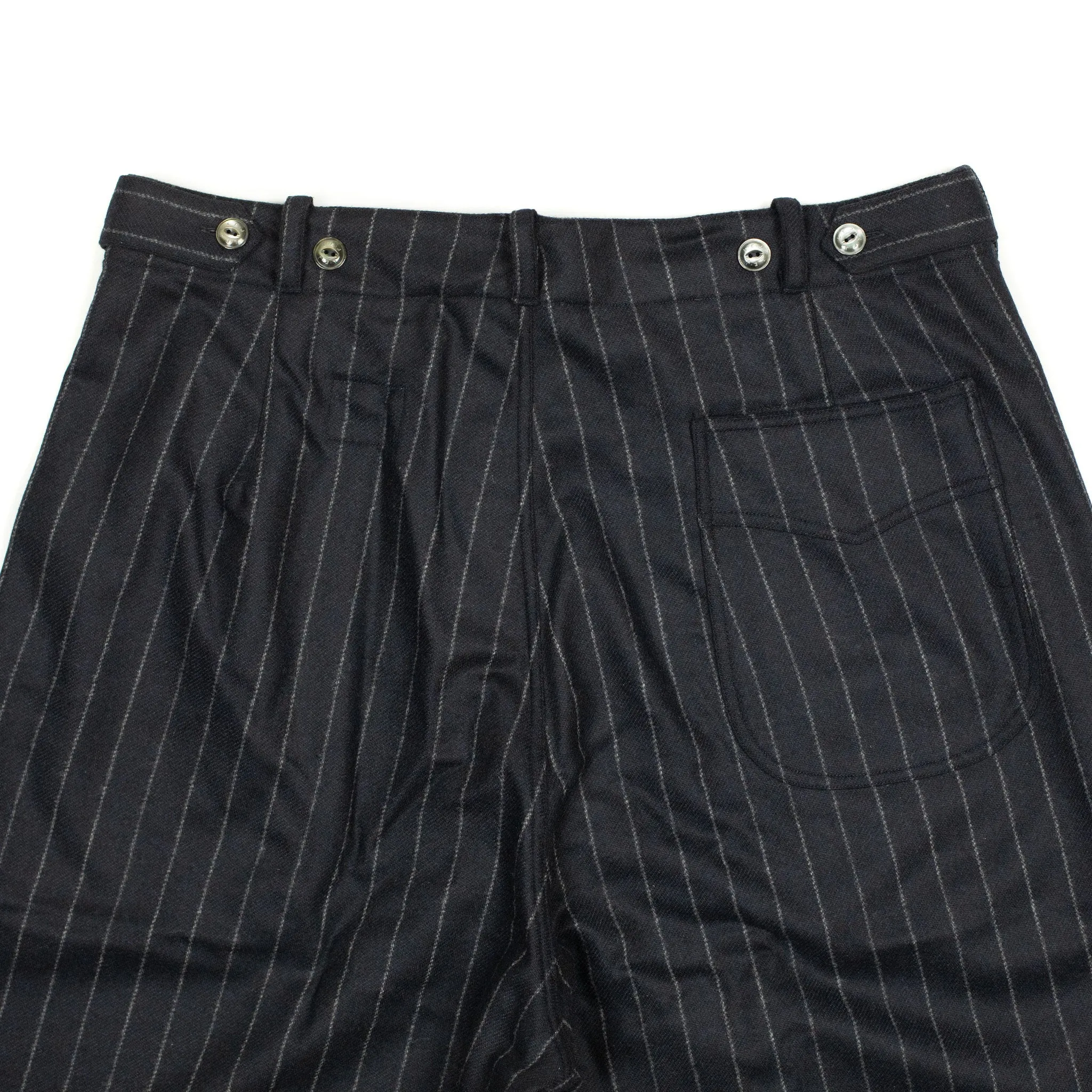 "Pat-a-Cake Pants" in navy chalk stripe wool and cashmere flannel