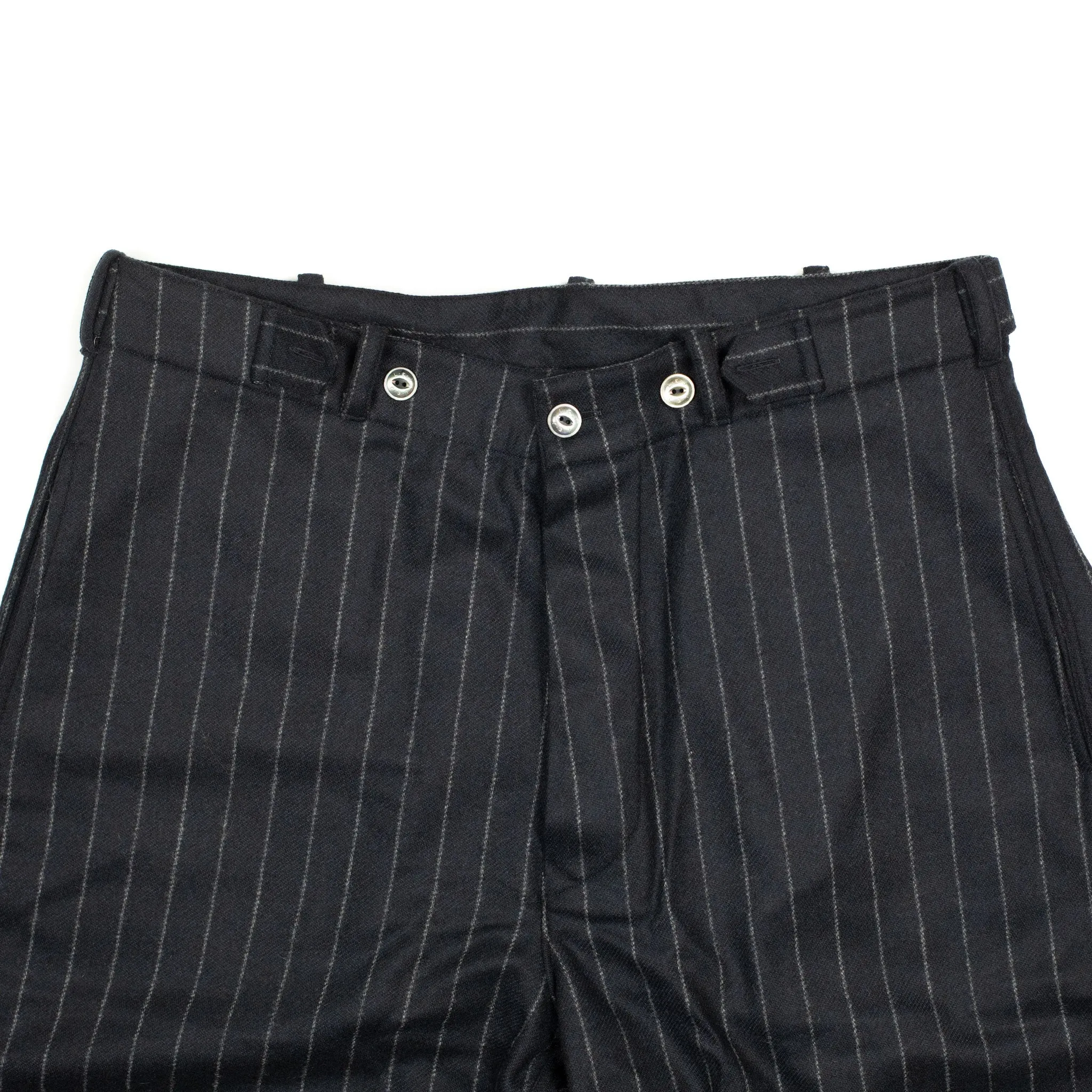 "Pat-a-Cake Pants" in navy chalk stripe wool and cashmere flannel