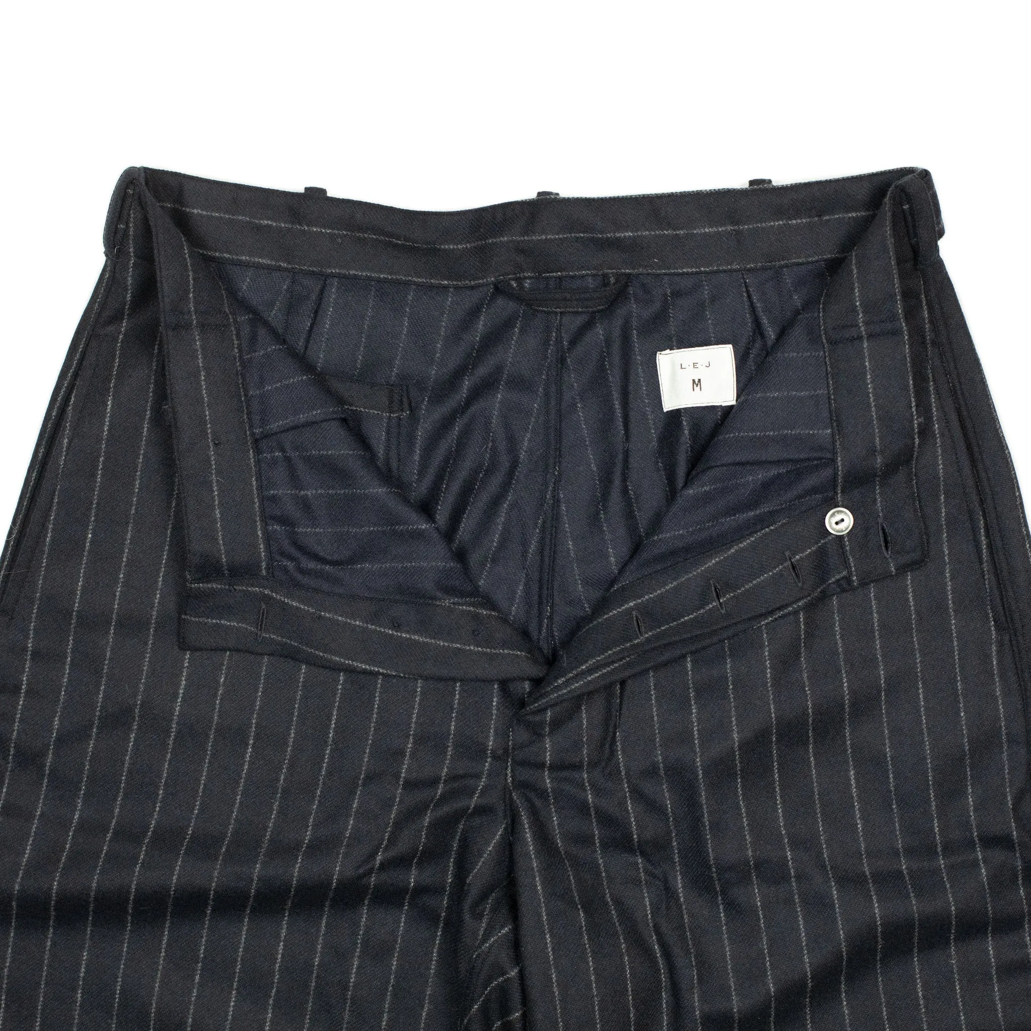 "Pat-a-Cake Pants" in navy chalk stripe wool and cashmere flannel