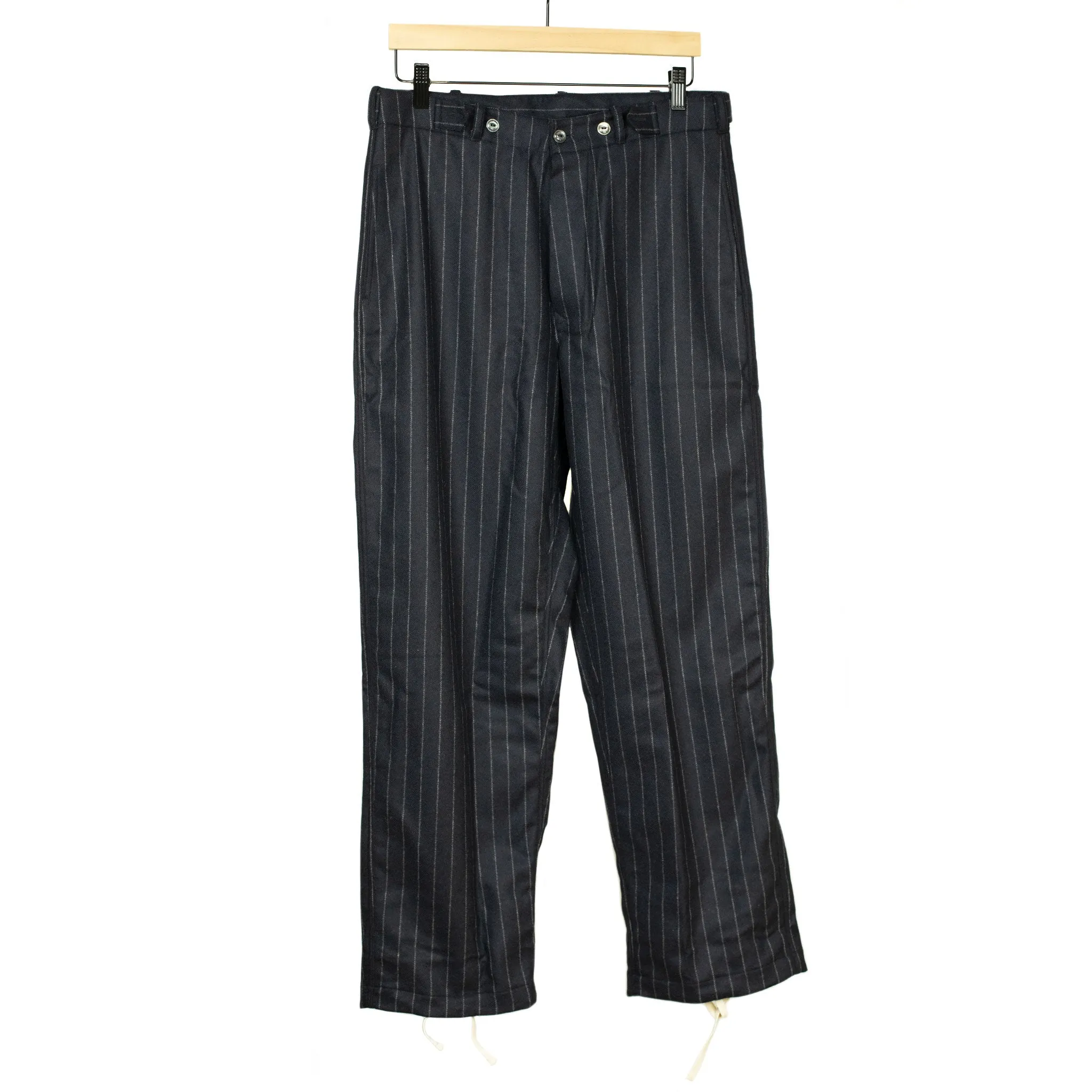 "Pat-a-Cake Pants" in navy chalk stripe wool and cashmere flannel