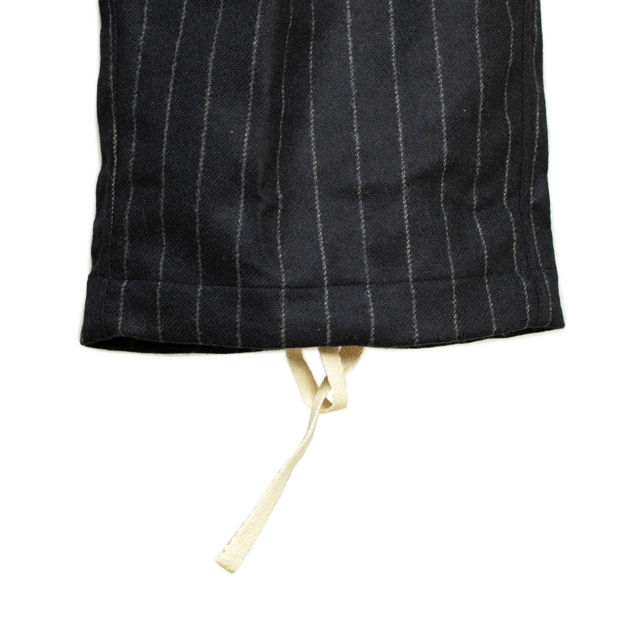 "Pat-a-Cake Pants" in navy chalk stripe wool and cashmere flannel