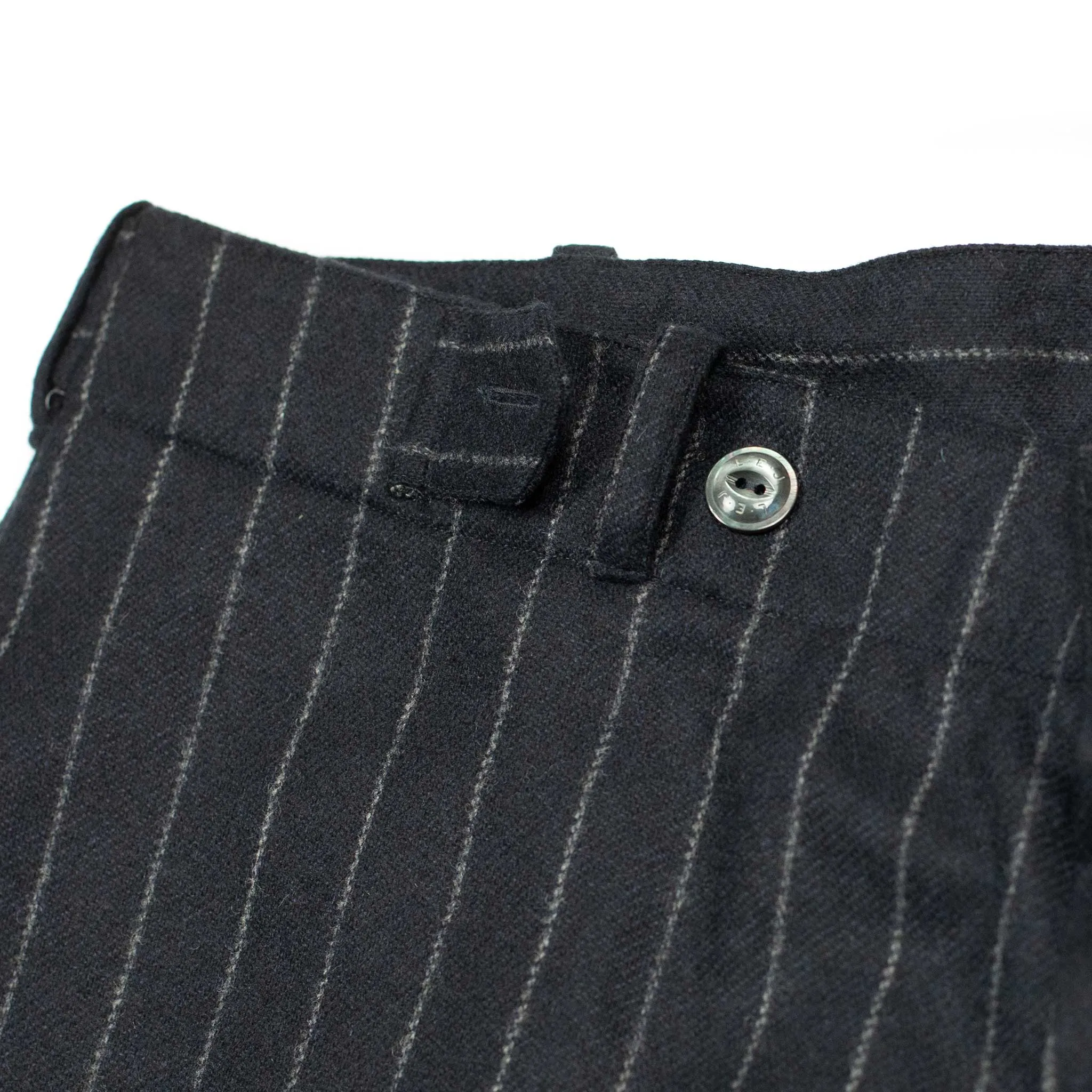 "Pat-a-Cake Pants" in navy chalk stripe wool and cashmere flannel