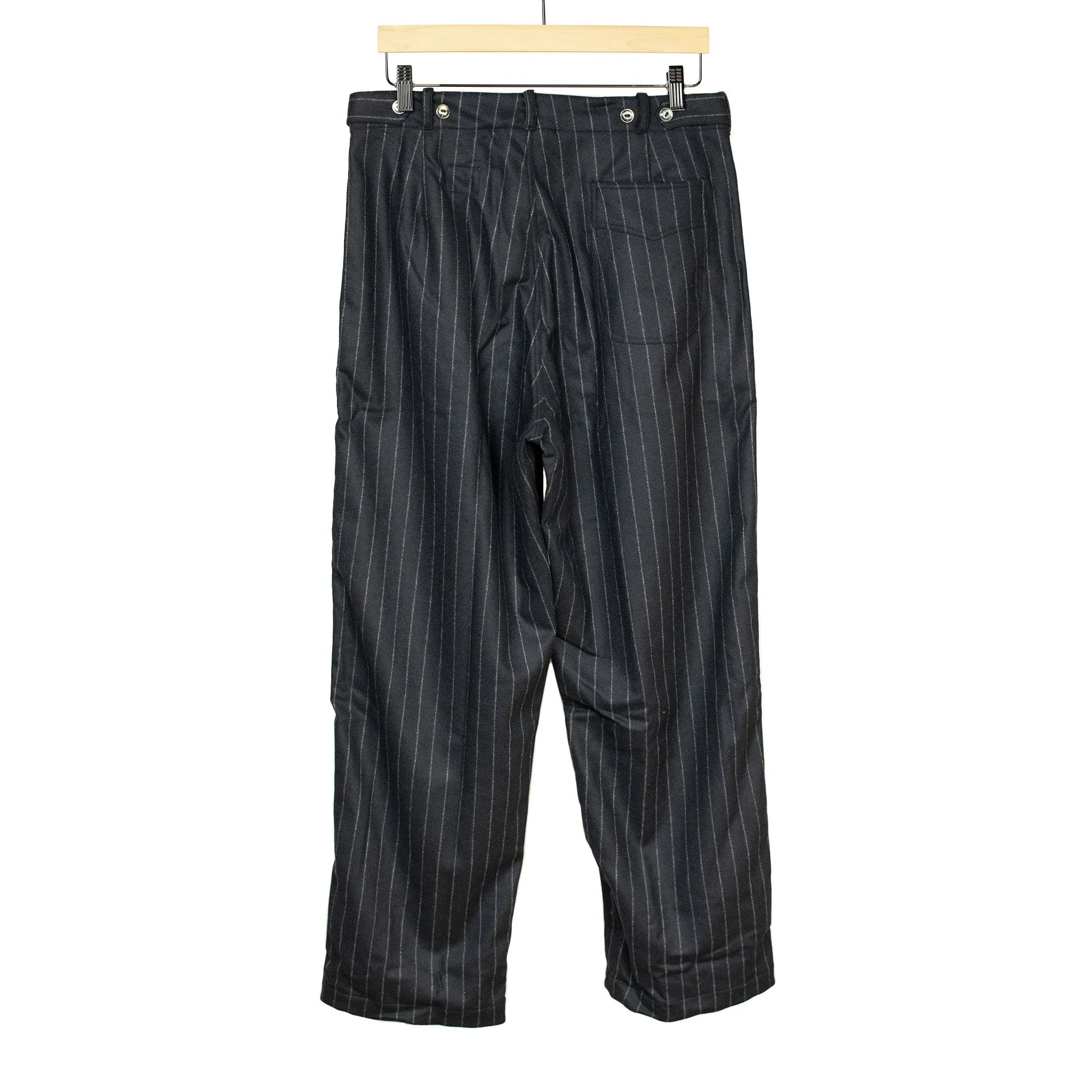 "Pat-a-Cake Pants" in navy chalk stripe wool and cashmere flannel