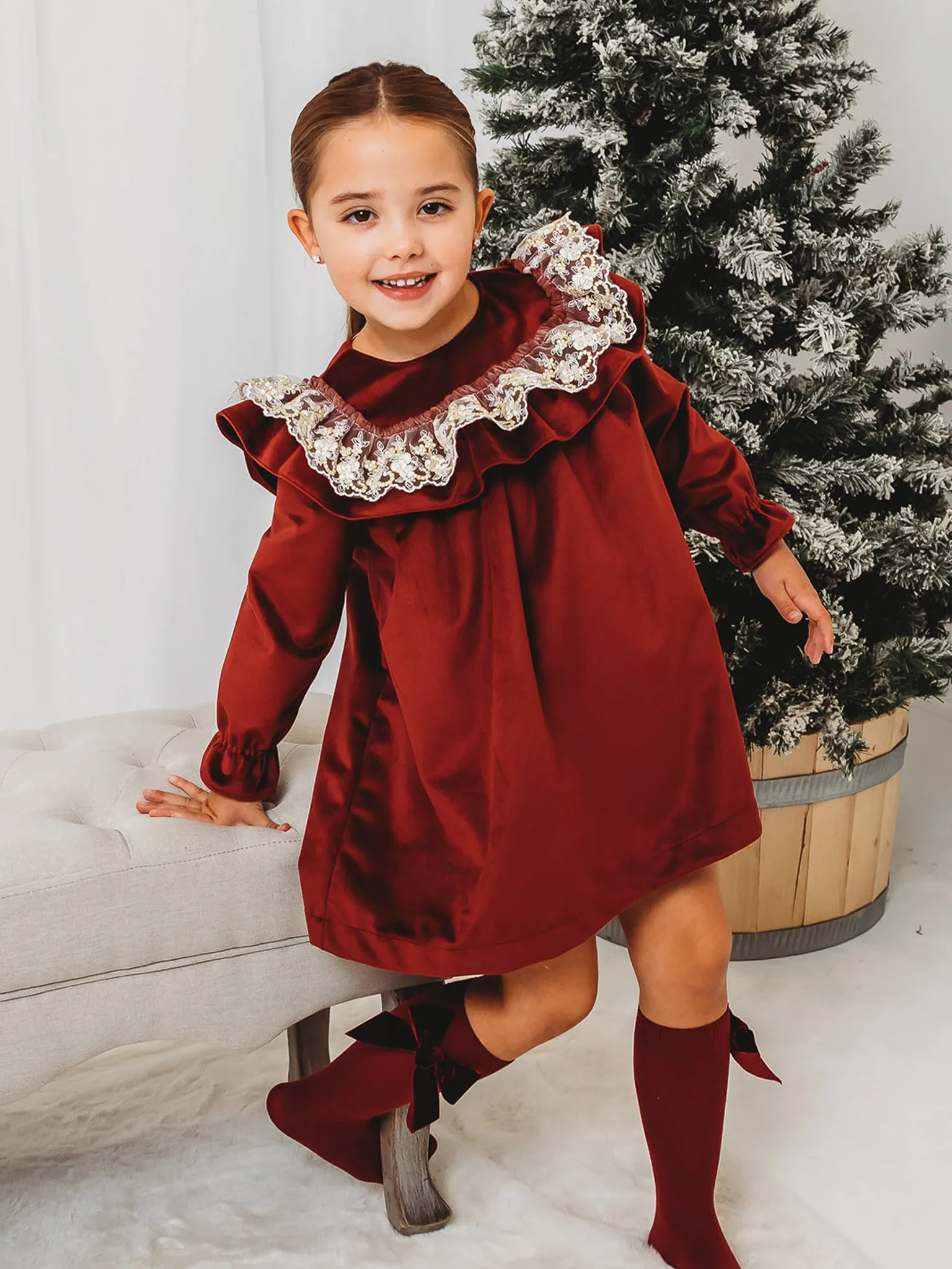 'Ruby' Burgundy Velvet & Gold Lace Collar Dress