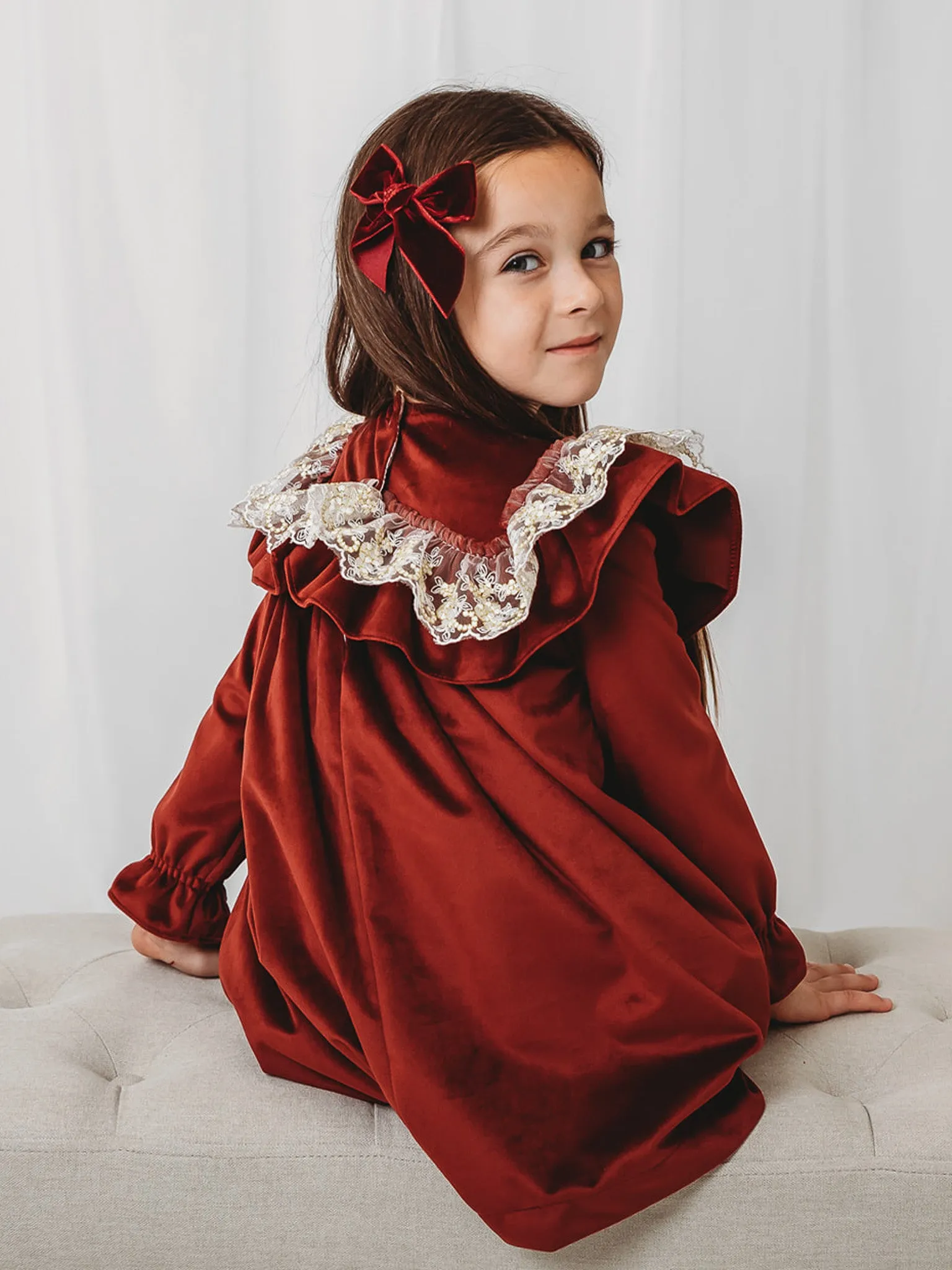 'Ruby' Burgundy Velvet & Gold Lace Collar Dress