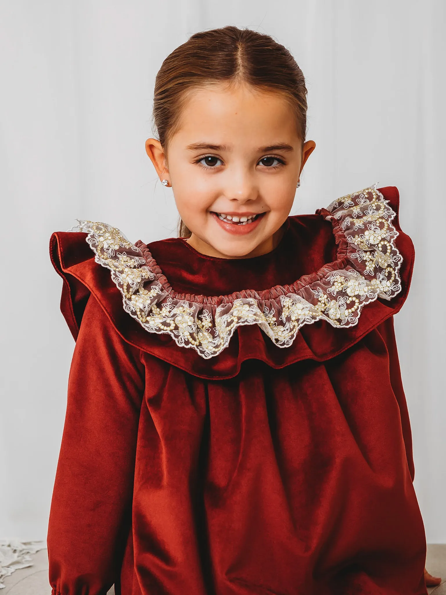 'Ruby' Burgundy Velvet & Gold Lace Collar Dress