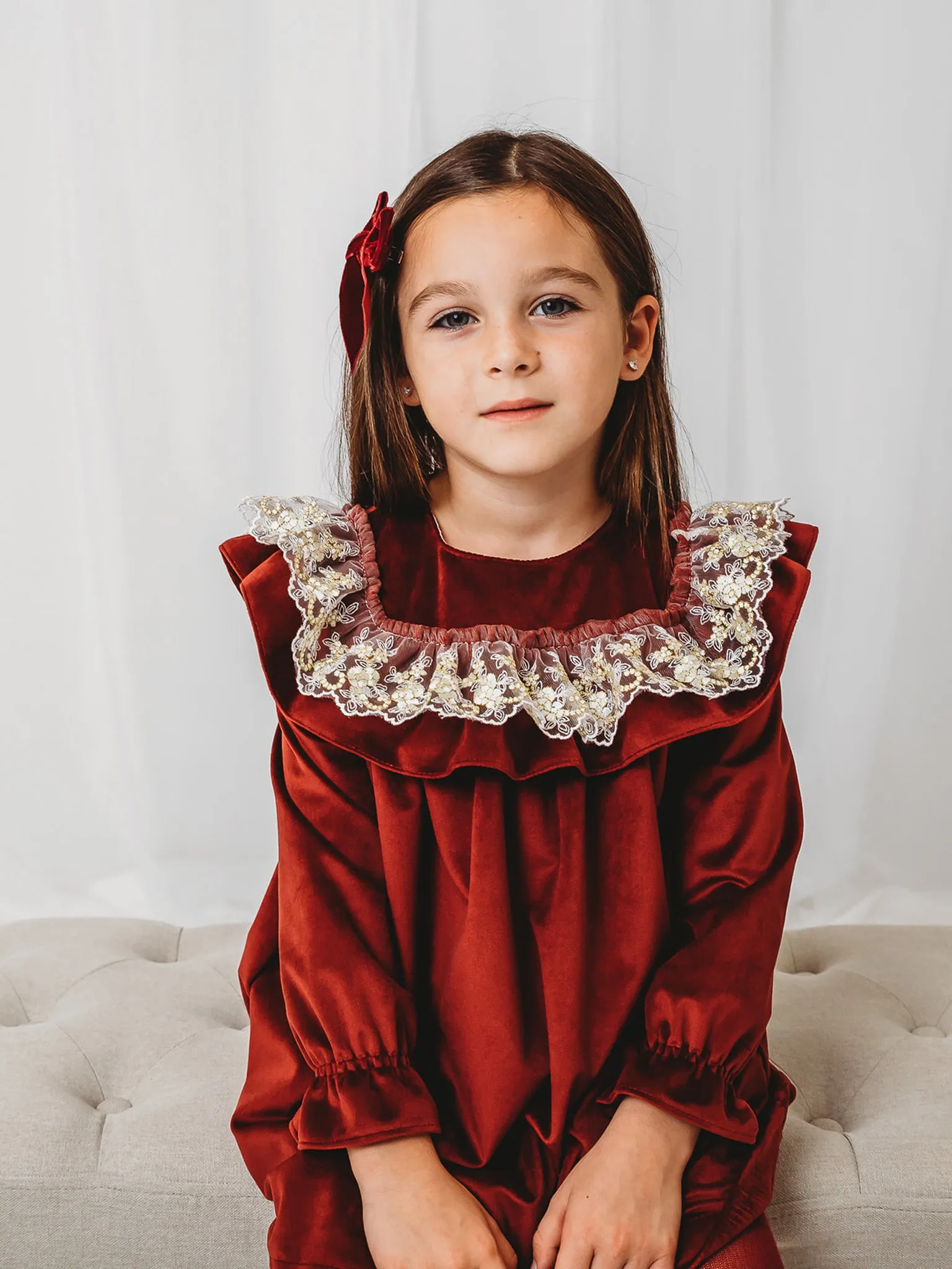 'Ruby' Burgundy Velvet & Gold Lace Collar Dress