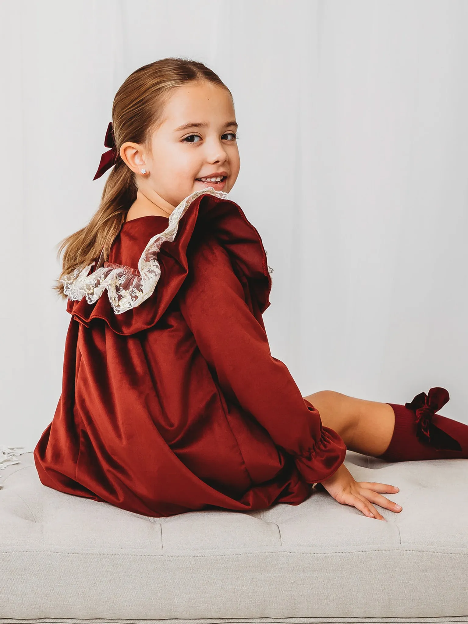 'Ruby' Burgundy Velvet & Gold Lace Collar Dress