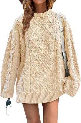 Saodimallsu Womens Oversized Sweaters Cable Knit Chunky Crew Neck Long Sleeve Loose Tunic Pullover Sweater