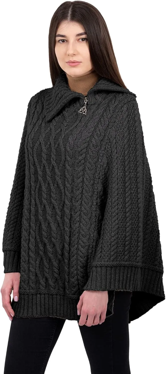 SAOL Ireland Ladies 100% Merino Wool Cowl Neck Zipper Poncho