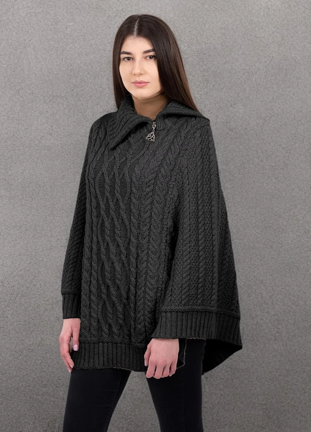 SAOL Ireland Ladies 100% Merino Wool Cowl Neck Zipper Poncho