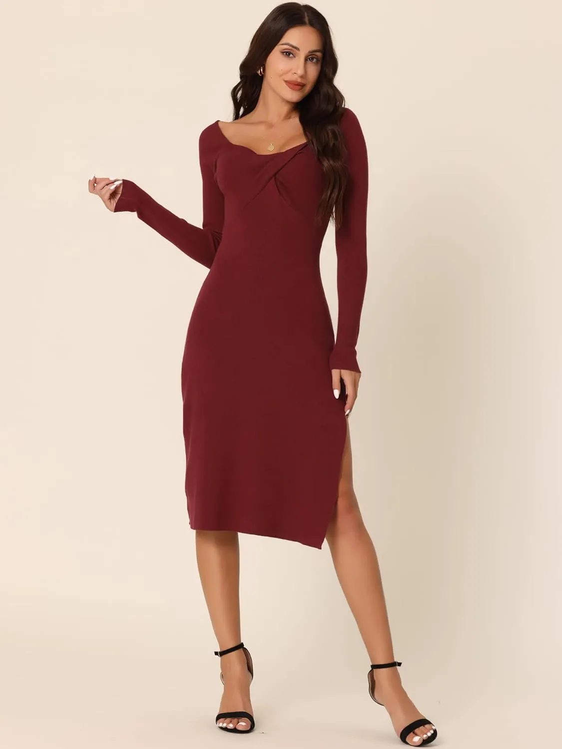Seta T Women's Fall Slit Hem Long Sleeve Sweetheart Neck Ribbed Knit Midi Sweater Dress