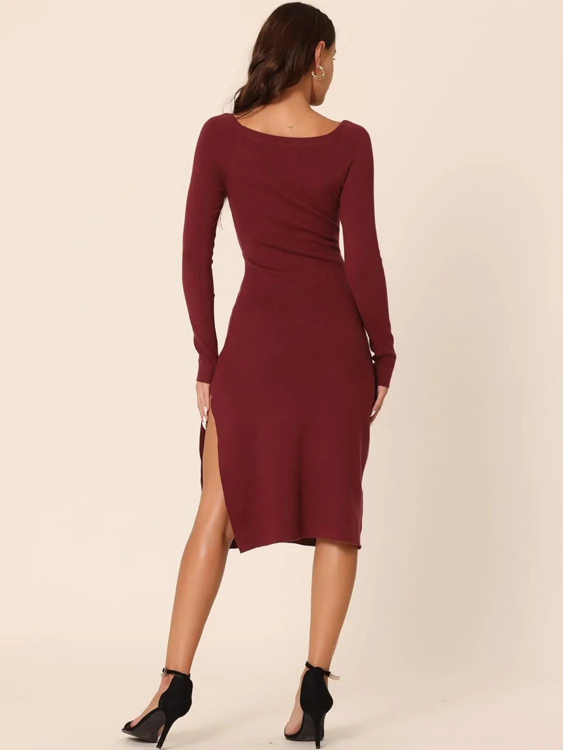 Seta T Women's Fall Slit Hem Long Sleeve Sweetheart Neck Ribbed Knit Midi Sweater Dress