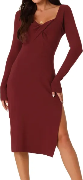 Seta T Women's Fall Slit Hem Long Sleeve Sweetheart Neck Ribbed Knit Midi Sweater Dress