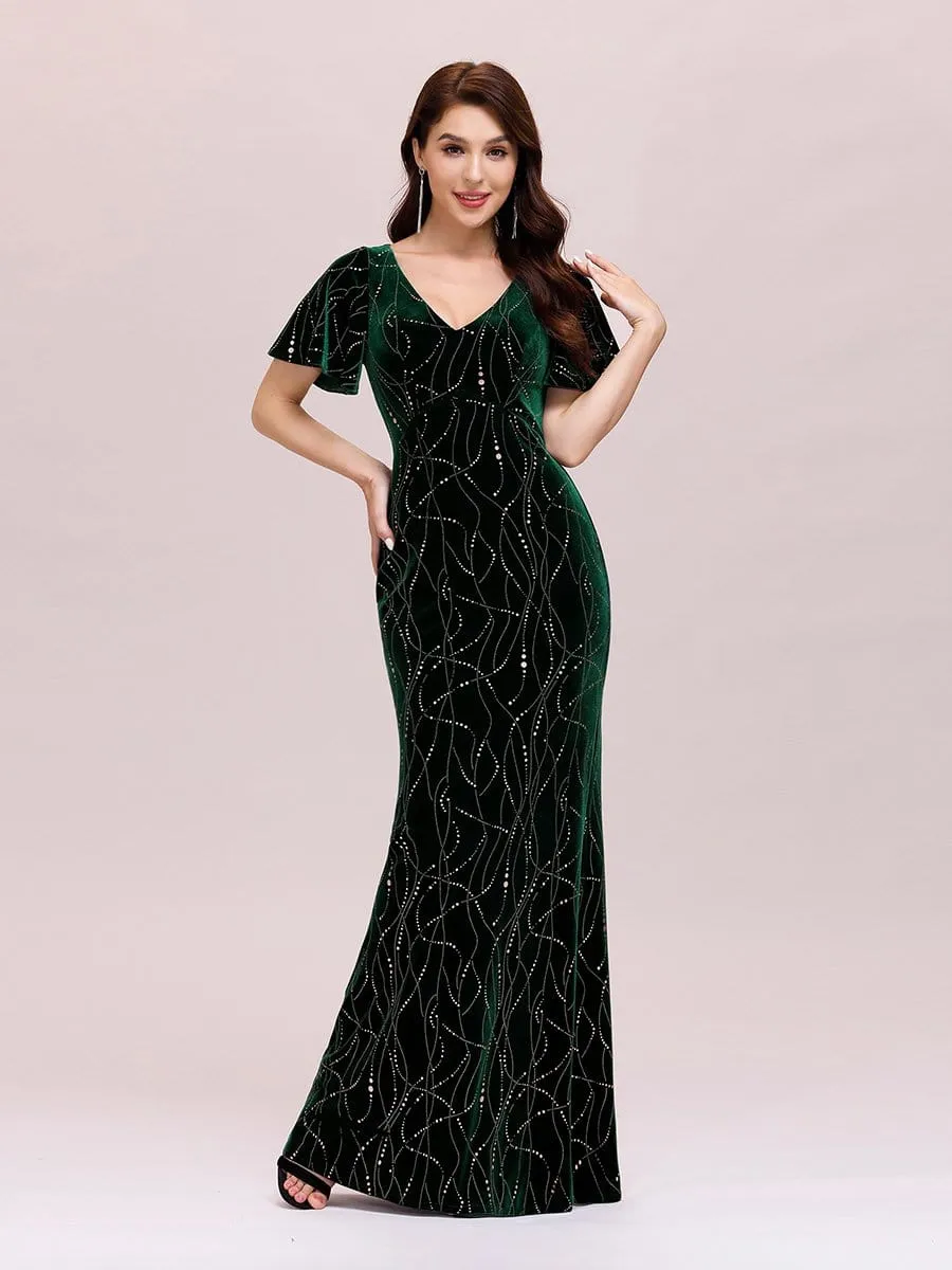 Sexy V Neck Velvet Evening Dress with Contrast Sequin