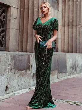 Sexy V Neck Velvet Evening Dress with Contrast Sequin