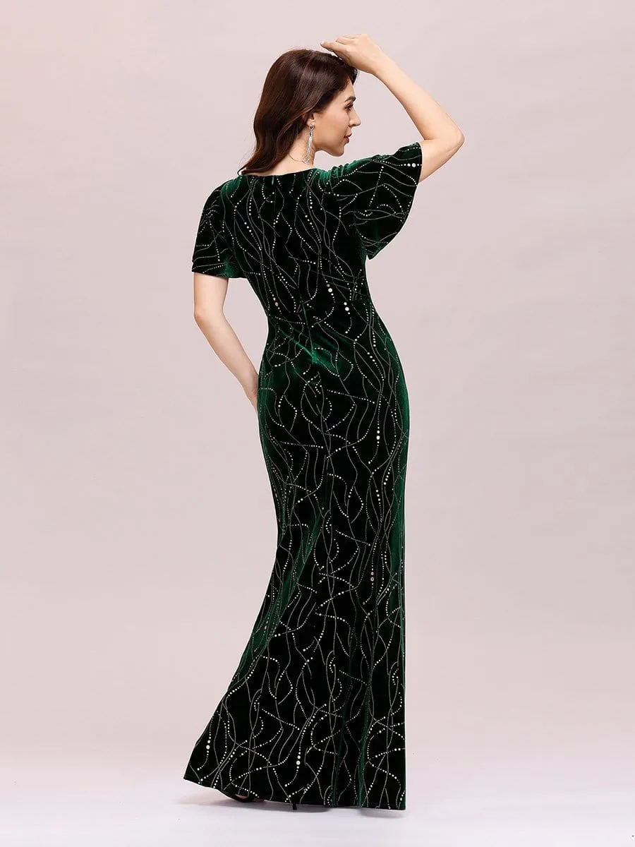 Sexy V Neck Velvet Evening Dress with Contrast Sequin